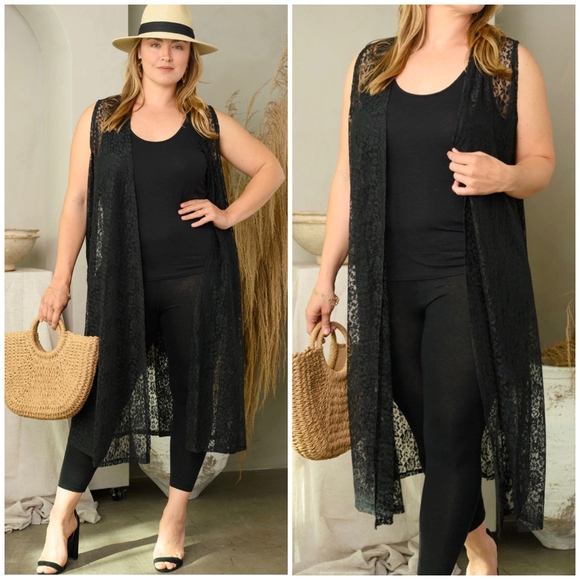 LAST 1❗LuLaRoe Plus Size Boho Chic Black Lace Sleeves Long Cardigan Vest - Picture 3 of 5